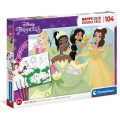 Puzzle carton 104 piese Clementoni Happycolor - Disney Princess - cu 2 fete, de colorat, include 3 carioci, 25714, 6+ ani