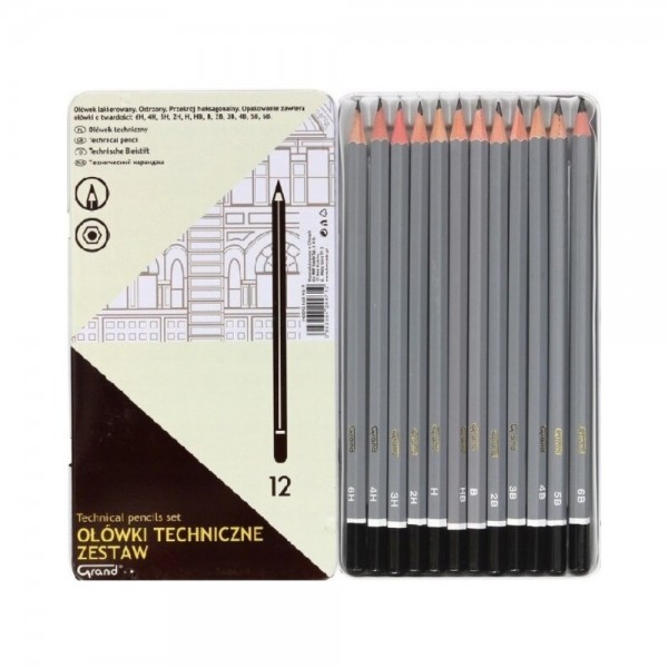 Creion grafit Grand 160-1619, B-6B / HB-6H, corp hexagonal gri, fara guma de sters, set 12 buc