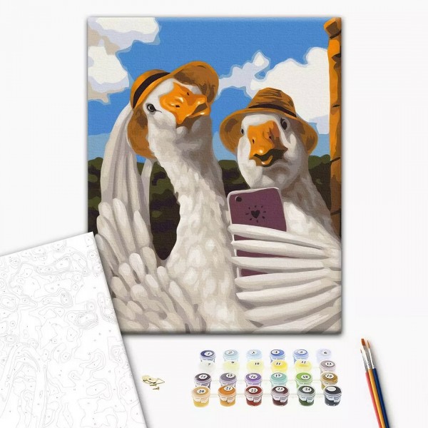 Set Pictura pe numere 40x50cm, Brushme - Selfie 2 Lebede - panza, cadru de lemn, pensule, culori acrilice, BS53505