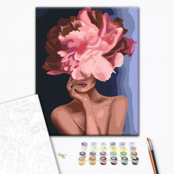 Set Pictura pe numere 40x50cm, Brushme - Fata gratioasa floare - panza, cadru de lemn, pensule, culori acrilice, BS34806