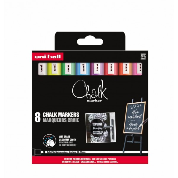 Set 8x Marker cu creta UNI Chalk PWE-5M, 1.8-2.5mm, alb, galben, verde, albastru, violet, rosu, portocaliu, roz