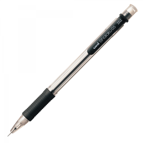 Creion mecanic UNI Shalaku M5-101, 0.5mm, grip cauciucat, corp transparent negru, cu guma de sters