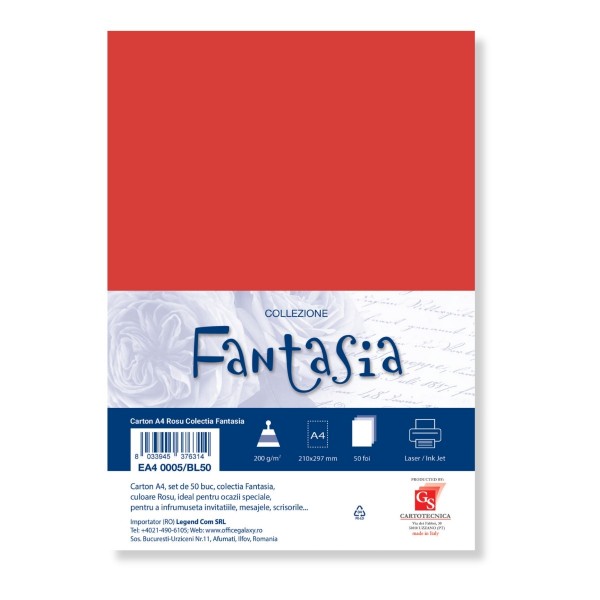 Carton special colorat A4 Colorarte Fantasia, 200g/mp, rosu, top 50 coli