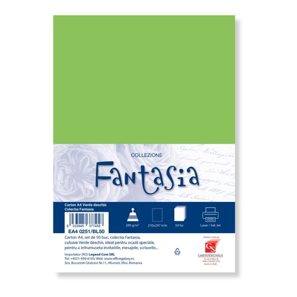 Carton special colorat A4 Colorarte Fantasia, 200g/mp, verde deschis, top 50 coli