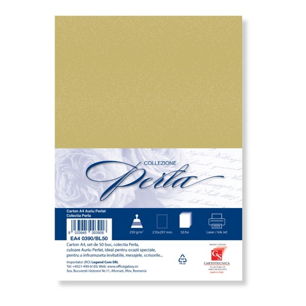 Carton special colorat A4 Colorarte Perla, 250g/mp, auriu perlat, top 50 coli