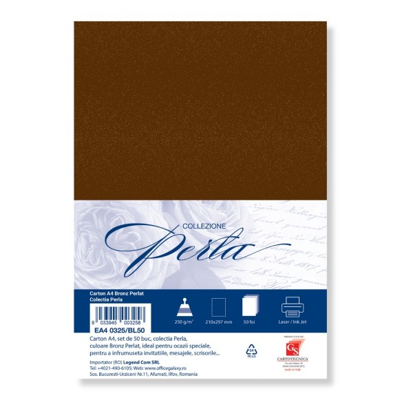 Carton special colorat A4 Colorarte Perla, 250g/mp, bronz perlat, top 50 coli