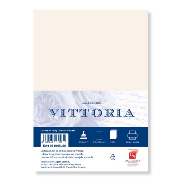 Carton special colorat A4 Colorarte Vittoria, 250g/mp, ivory, top 50 coli