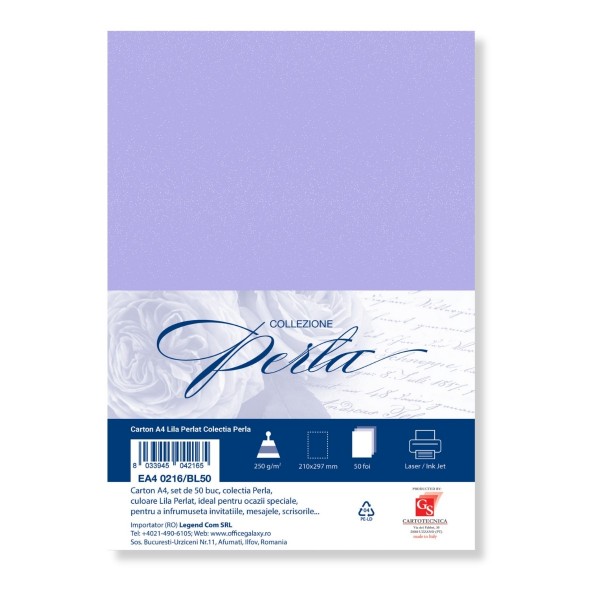 Carton special colorat A4 Colorarte Perla, 250g/mp, lila perlat, top 50 coli