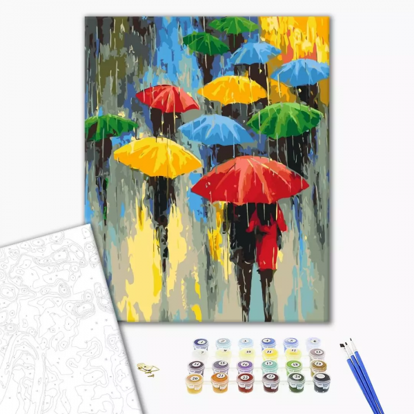 Set pictura pe numere 40x50cm, Brushme - Umbrele in ploaie - pensule, culori, BS53048