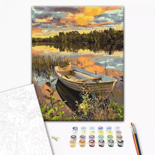 Set Pictura pe numere 40x50cm, Brushme - Barca pe lac - panza, cadru de lemn, pensule, culori acrilice, BS51980