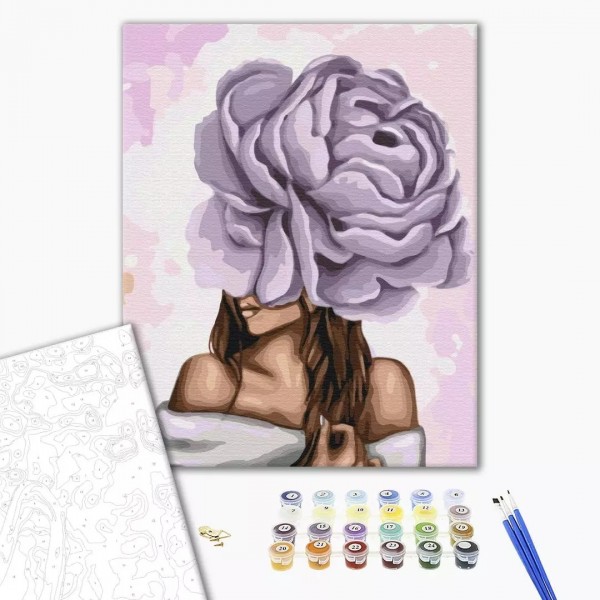 Set Pictura pe numere 40x50cm, Brushme - Doamna cu bujor violet - panza, cadru de lemn, pensule, culori acrilice, BS37546