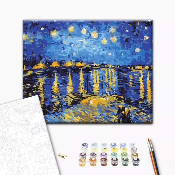 Set Pictura pe numere 40x50cm, Brushme - Noapte instelata la Rohne, Van Gogh - panza, cadru lemn, pensule, culori, BS323